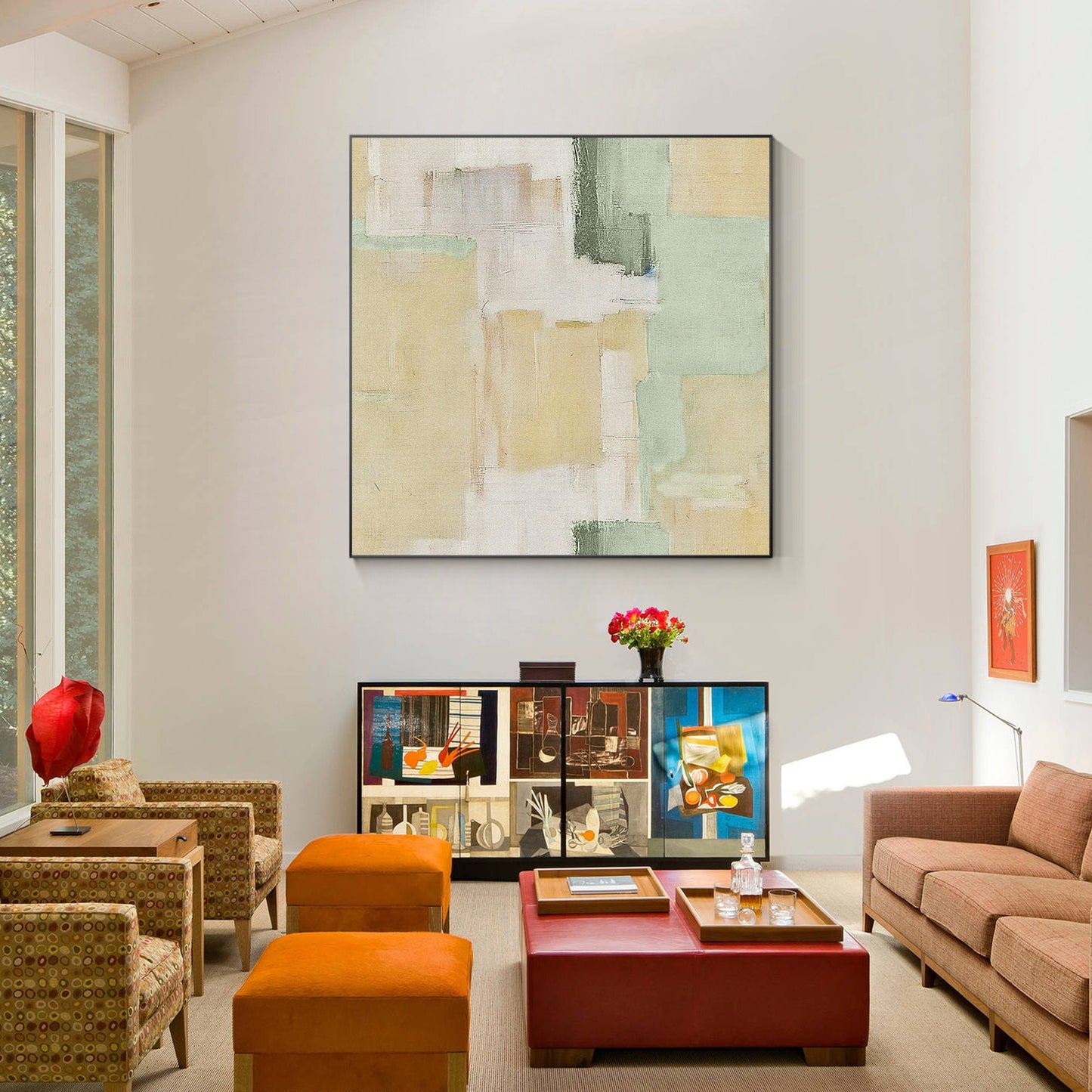 Abstract Textured Painting Beige Green Original Painting On Canvas, Square Wall  #5