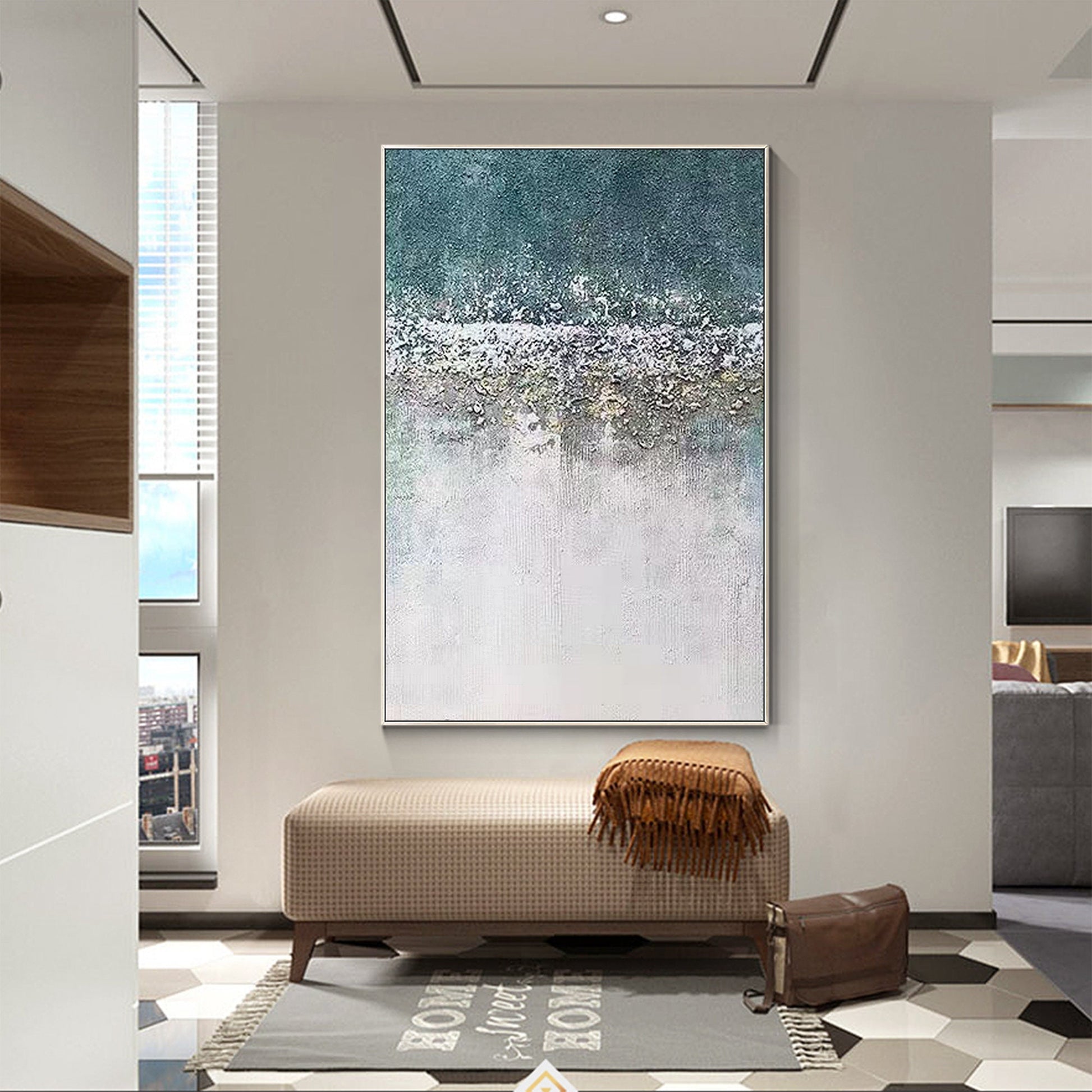 Abstract Textured Painting: White, Green, and Gray Wall Art #4