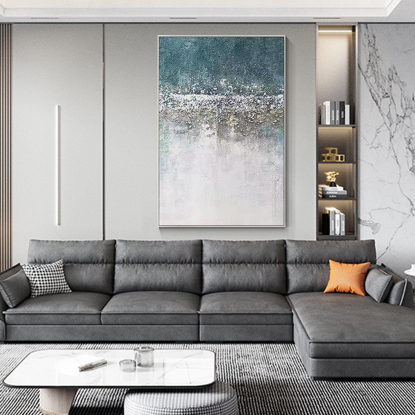 Abstract Textured Painting: White, Green, and Gray Wall Art #5