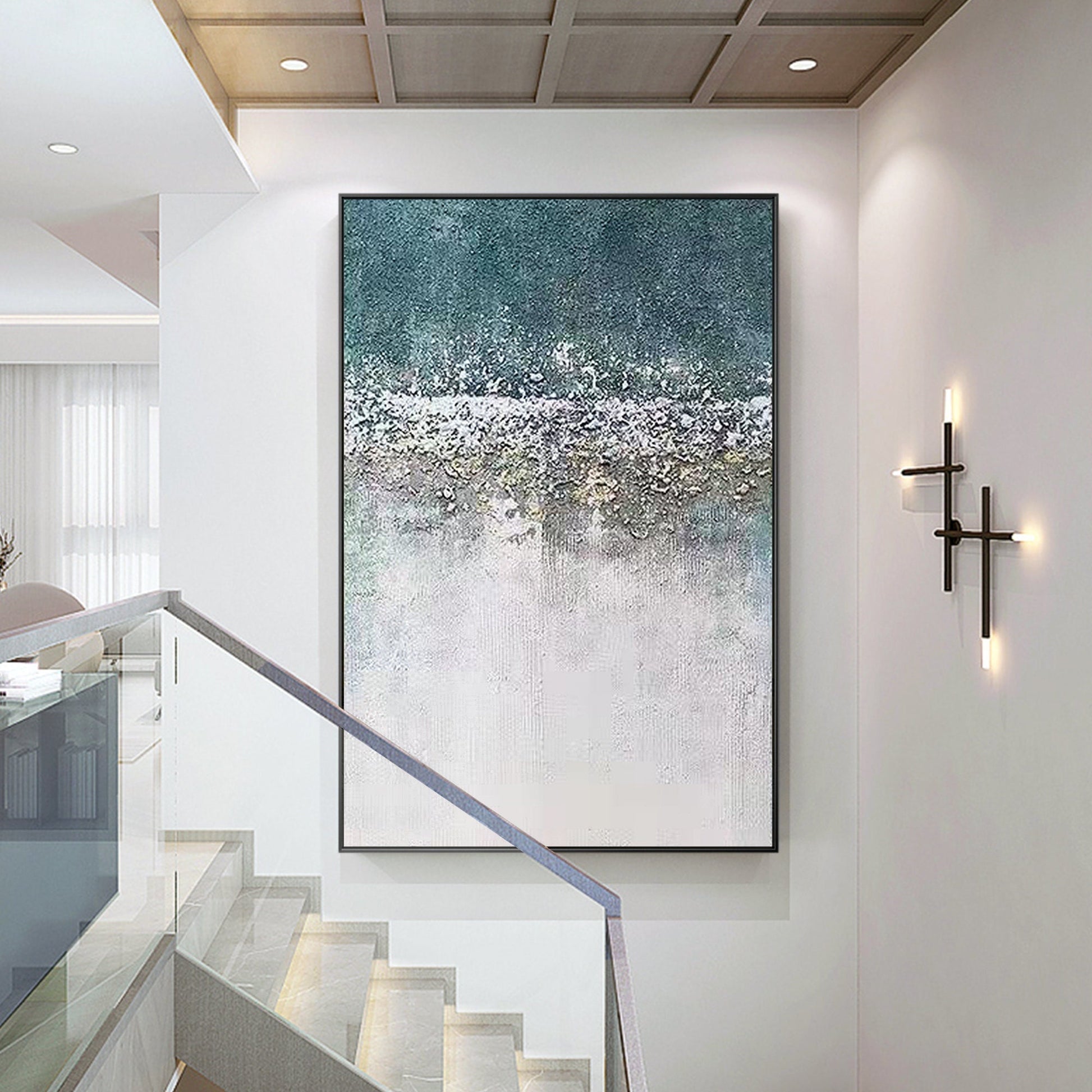 Abstract Textured Painting: White, Green, and Gray Wall Art #1