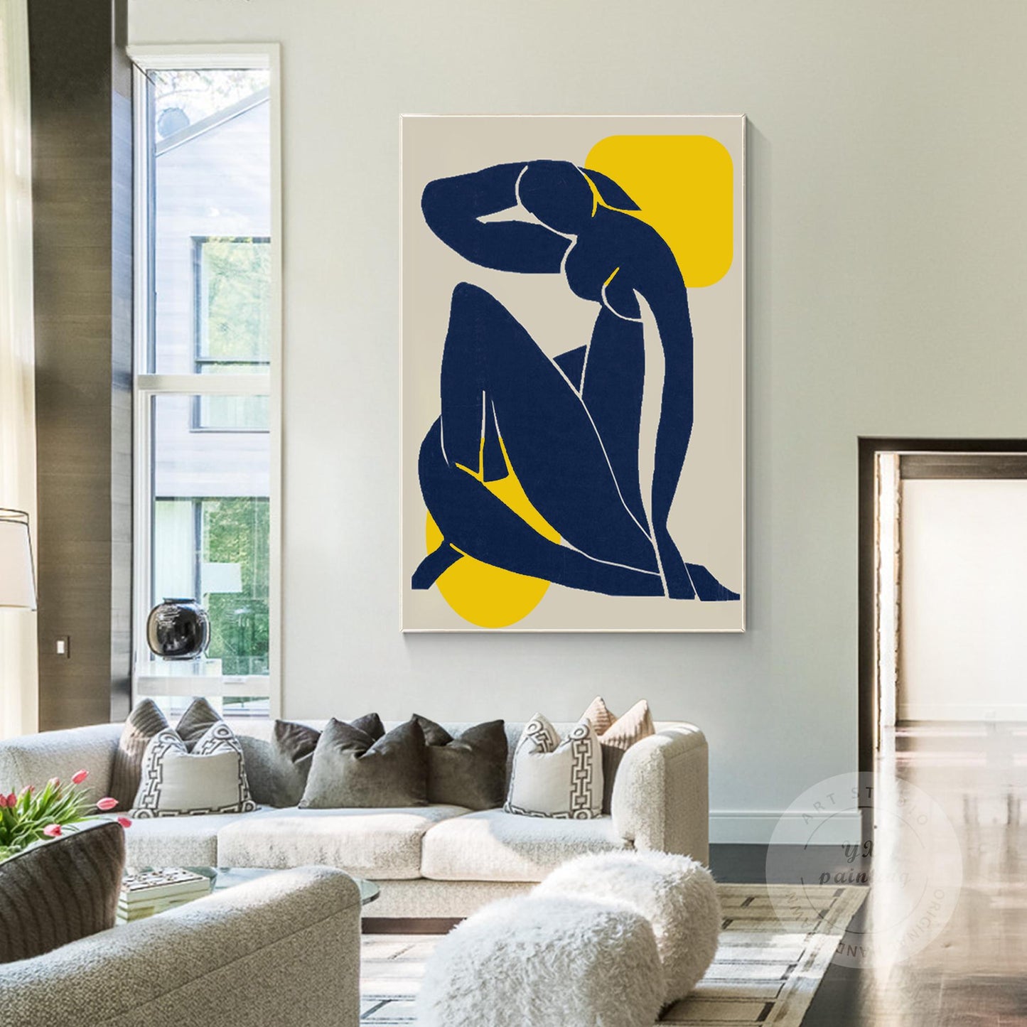 Abstract Woman Figure Painting: Navy Blue Minimalist Art #4