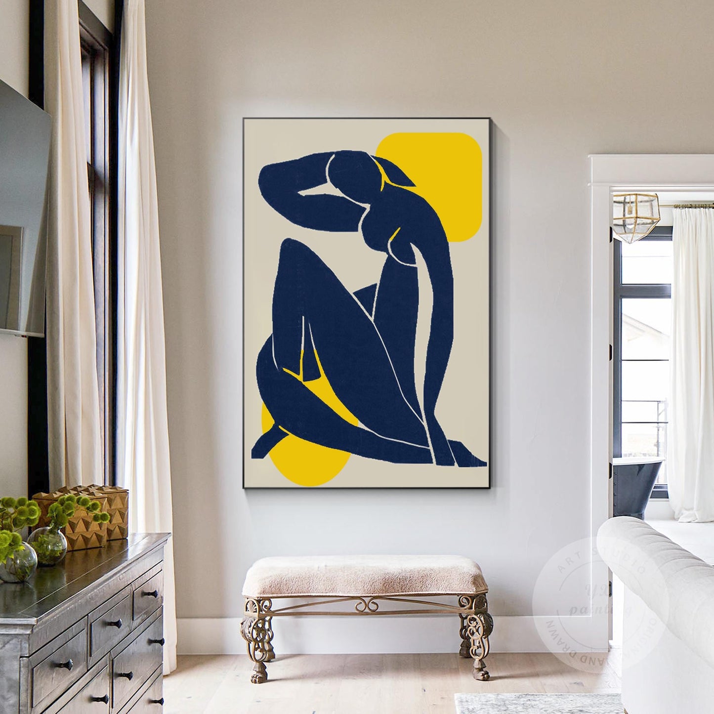 Abstract Woman Figure Painting: Navy Blue Minimalist Art #7