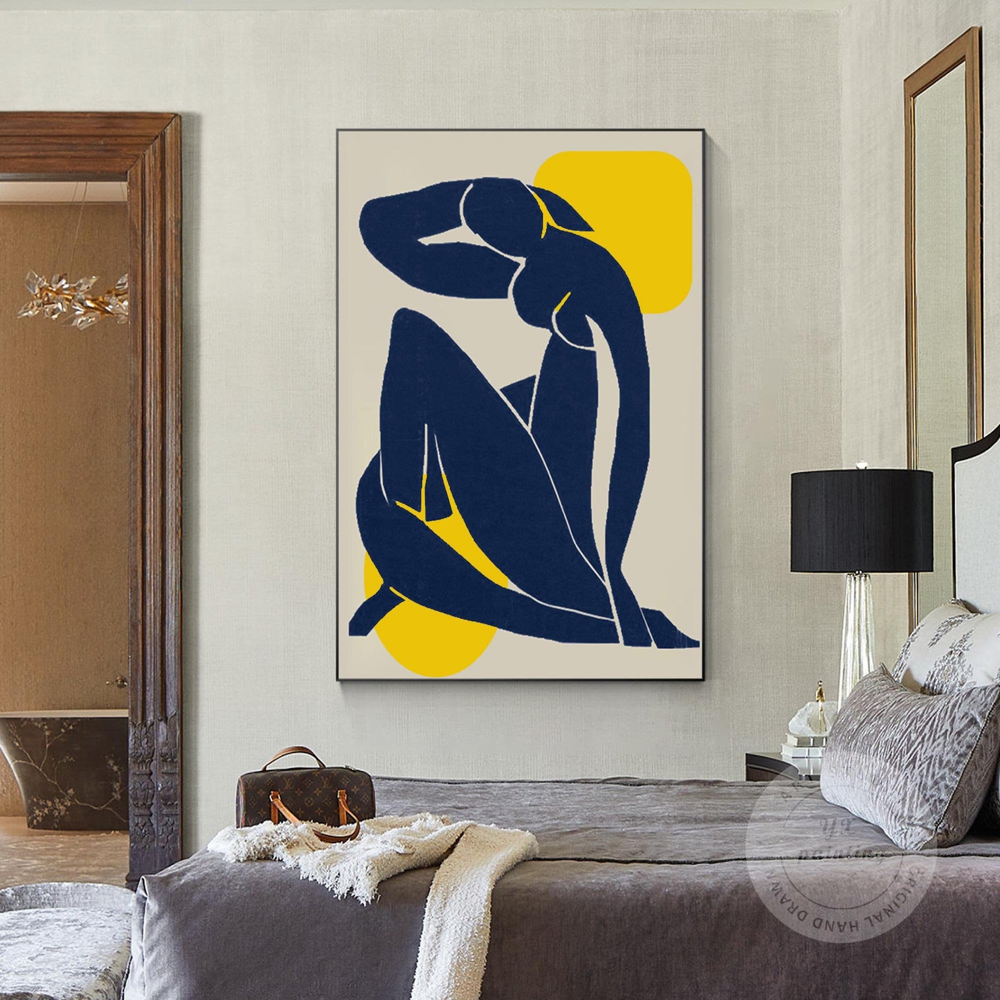Abstract Woman Figure Painting: Navy Blue Minimalist Art #1