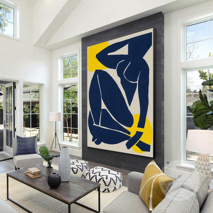 Abstract Woman Figure Painting: Navy Blue Minimalist Wall Art #3
