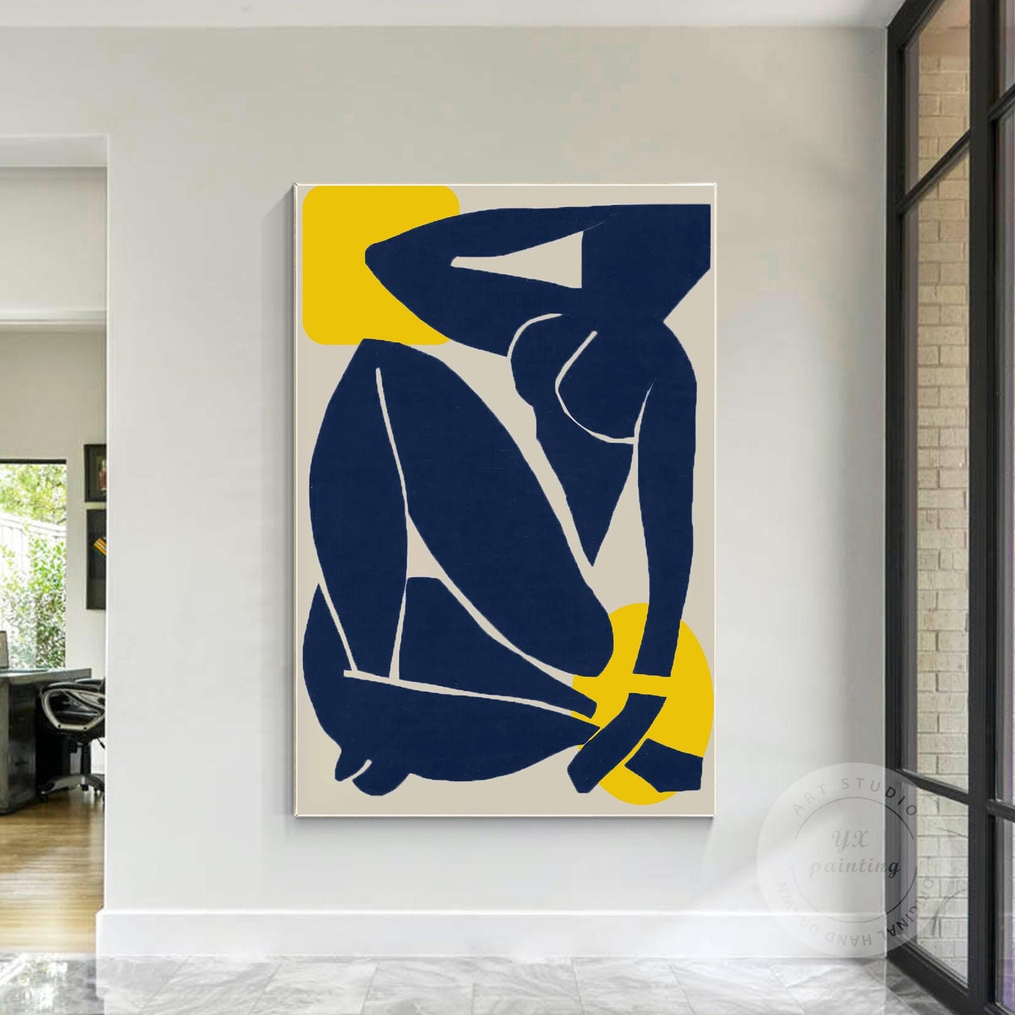 Abstract Woman Figure Painting: Navy Blue Minimalist Wall Art #4