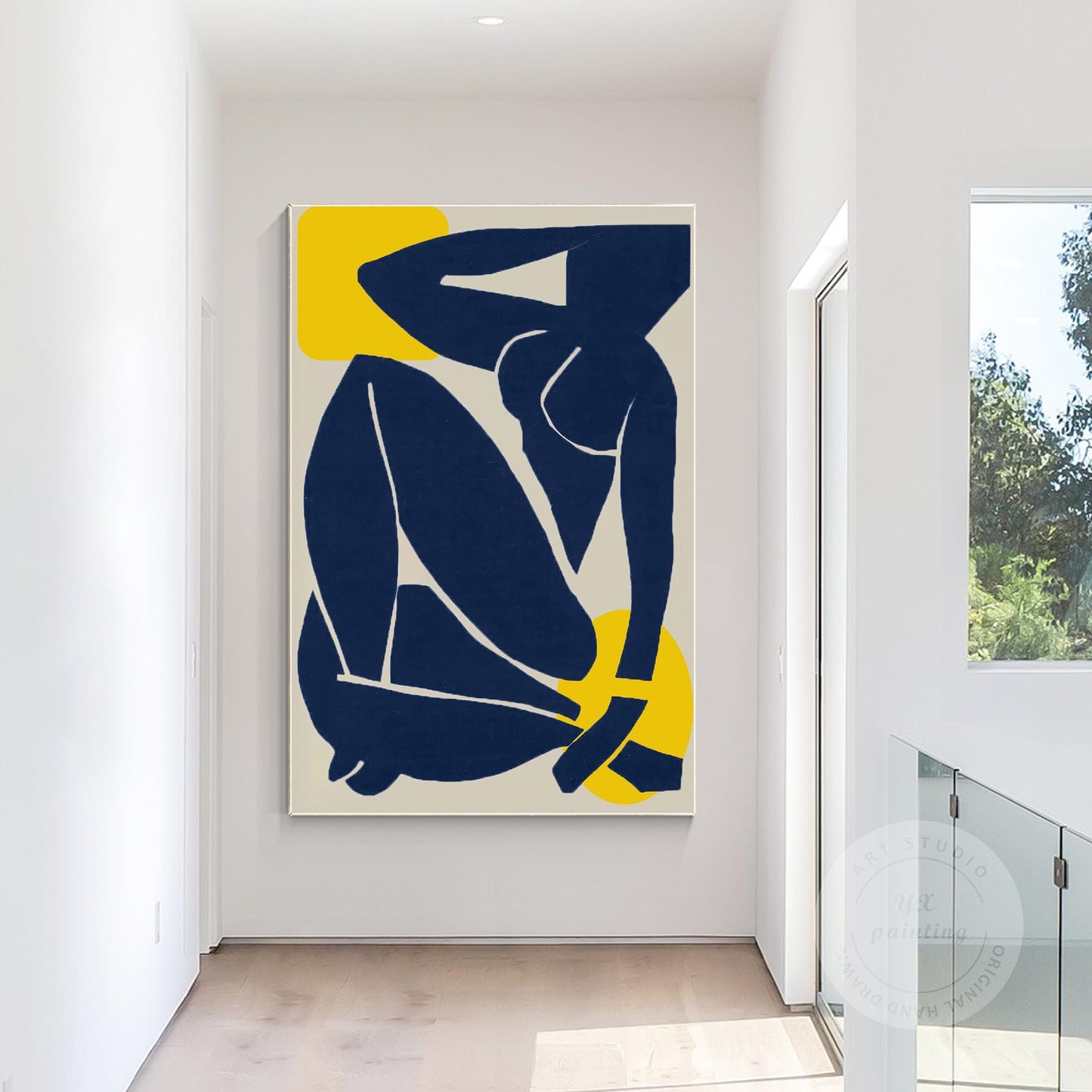 Abstract Woman Figure Painting: Navy Blue Minimalist Wall Art #5