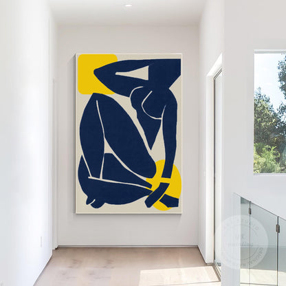 Abstract Woman Figure Painting: Navy Blue Minimalist Wall Art #5
