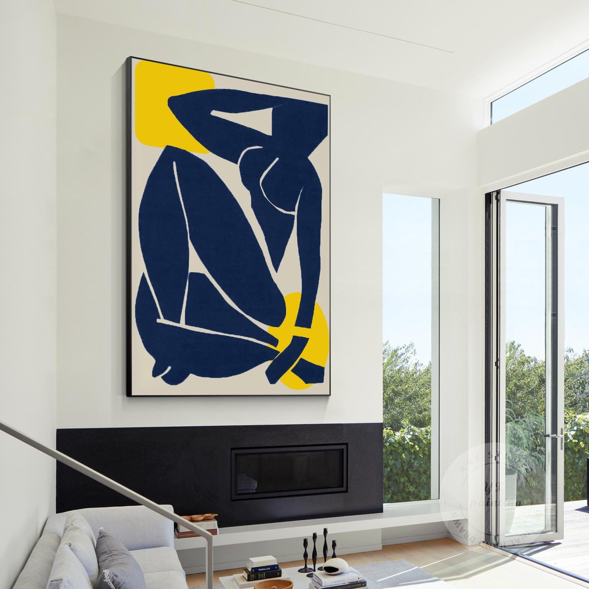 Abstract Woman Figure Painting: Navy Blue Minimalist Wall Art #1