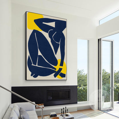 Abstract Woman Figure Painting: Navy Blue Minimalist Wall Art #1