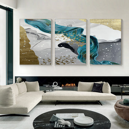 Abstracte canvaskunst groenblauw bladgoud: 3-delig ingelijst schilderij #14