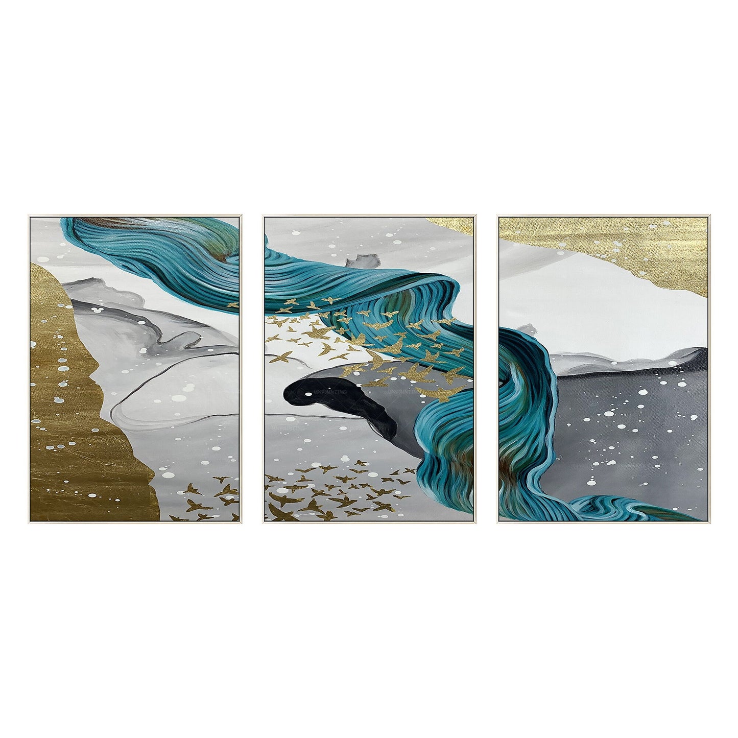 Abstracte canvaskunst groenblauw bladgoud: 3-delig ingelijst schilderij #8