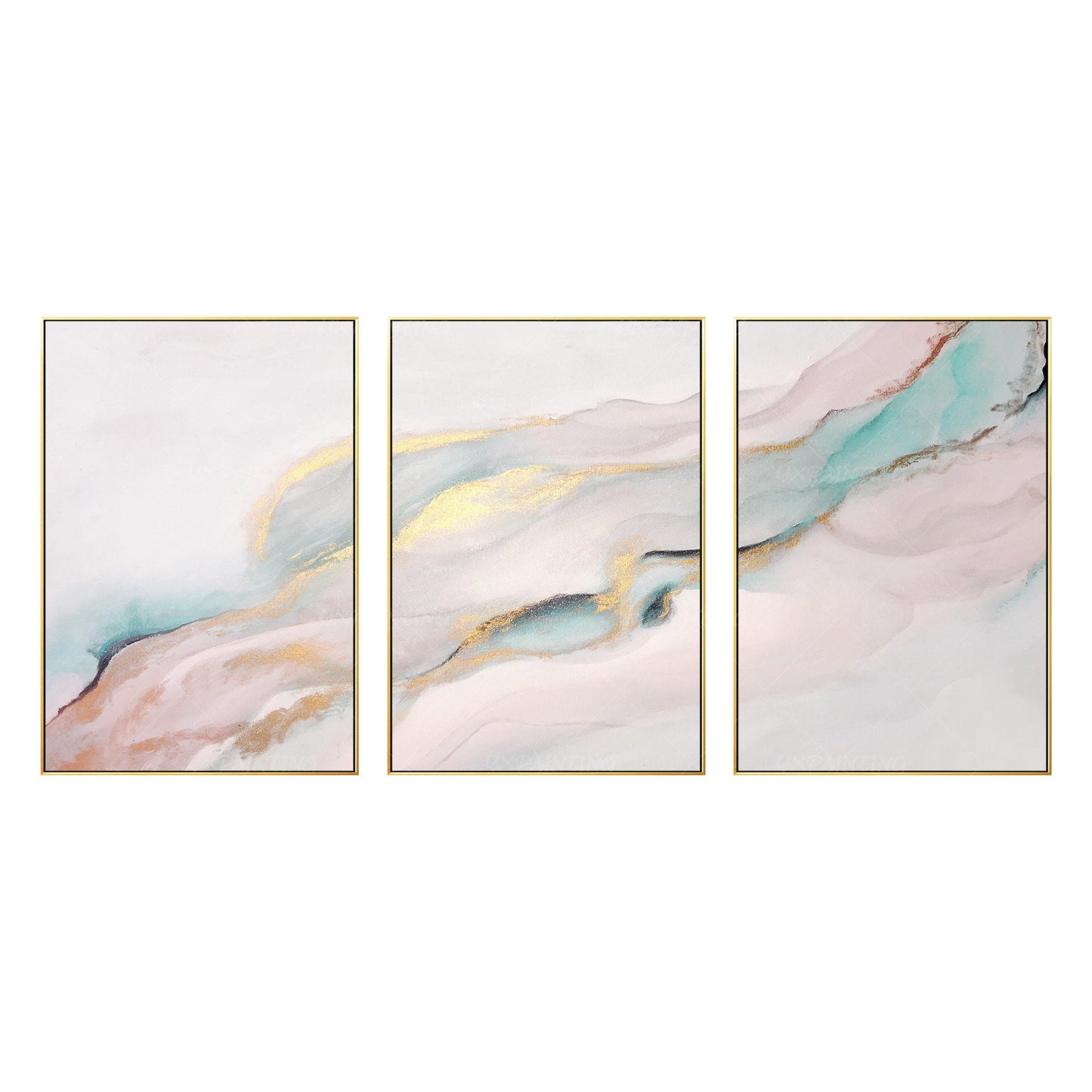 Abstracte muurkunst drieluik aquarel: roze gouden mistige muurkunst, 3-delig can #18
