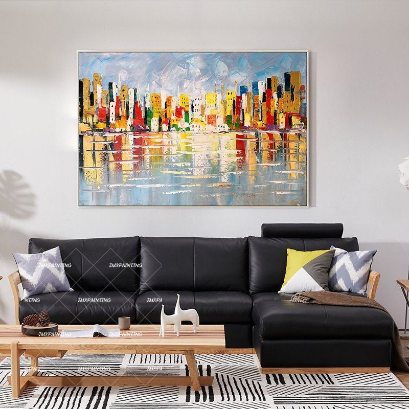 Acrylschilderij abstract stadsgezicht: canvaskunst getextureerd zeegezicht #12