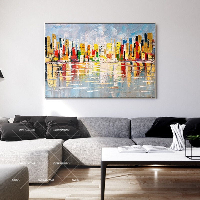 Acrylschilderij abstract stadsgezicht: canvaskunst getextureerd zeegezicht #5