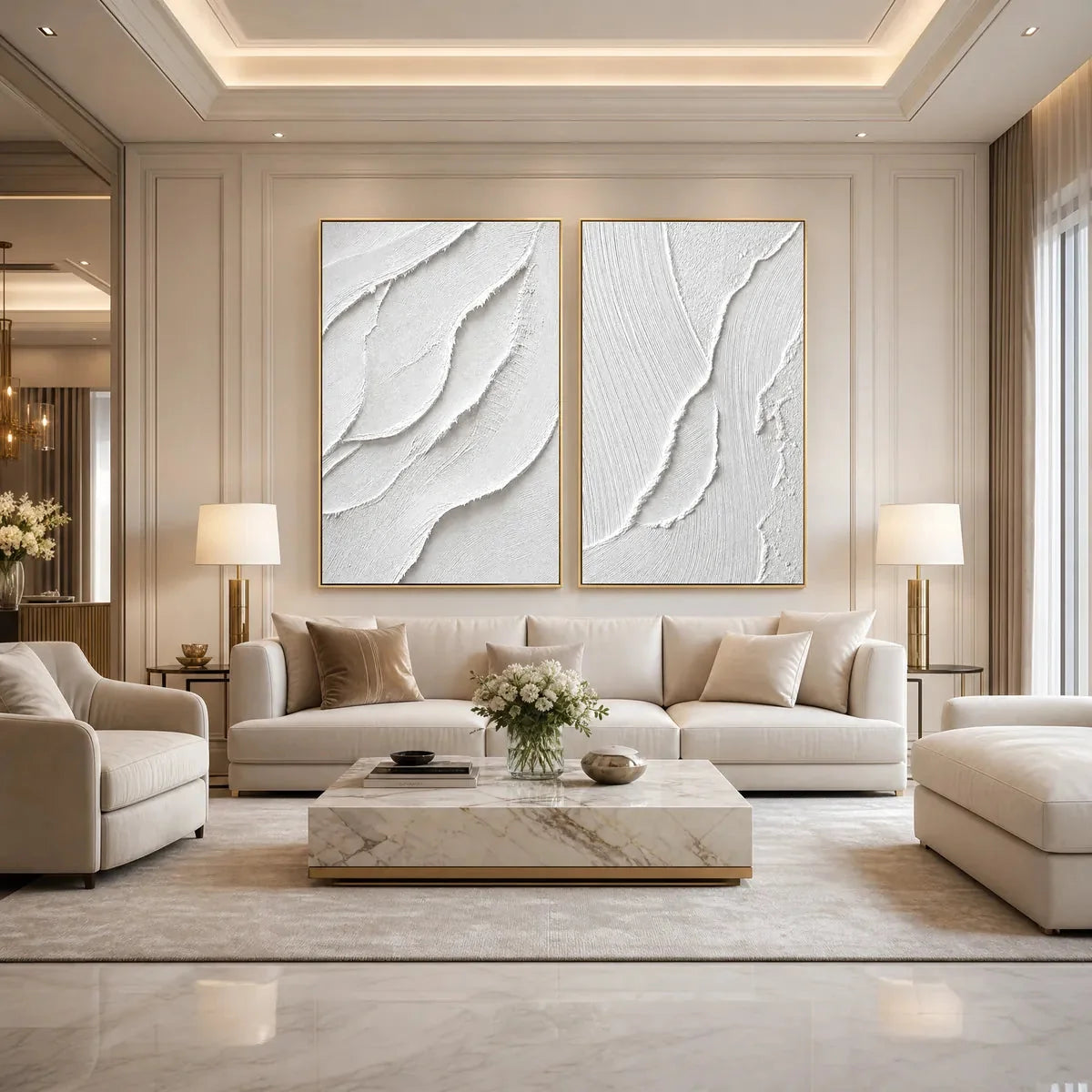 AEGEAN CALM: Minimalist White Textured Wabi Sabi Wall Art Set | wabi sabi minimalist closeup, raised brushwork detail