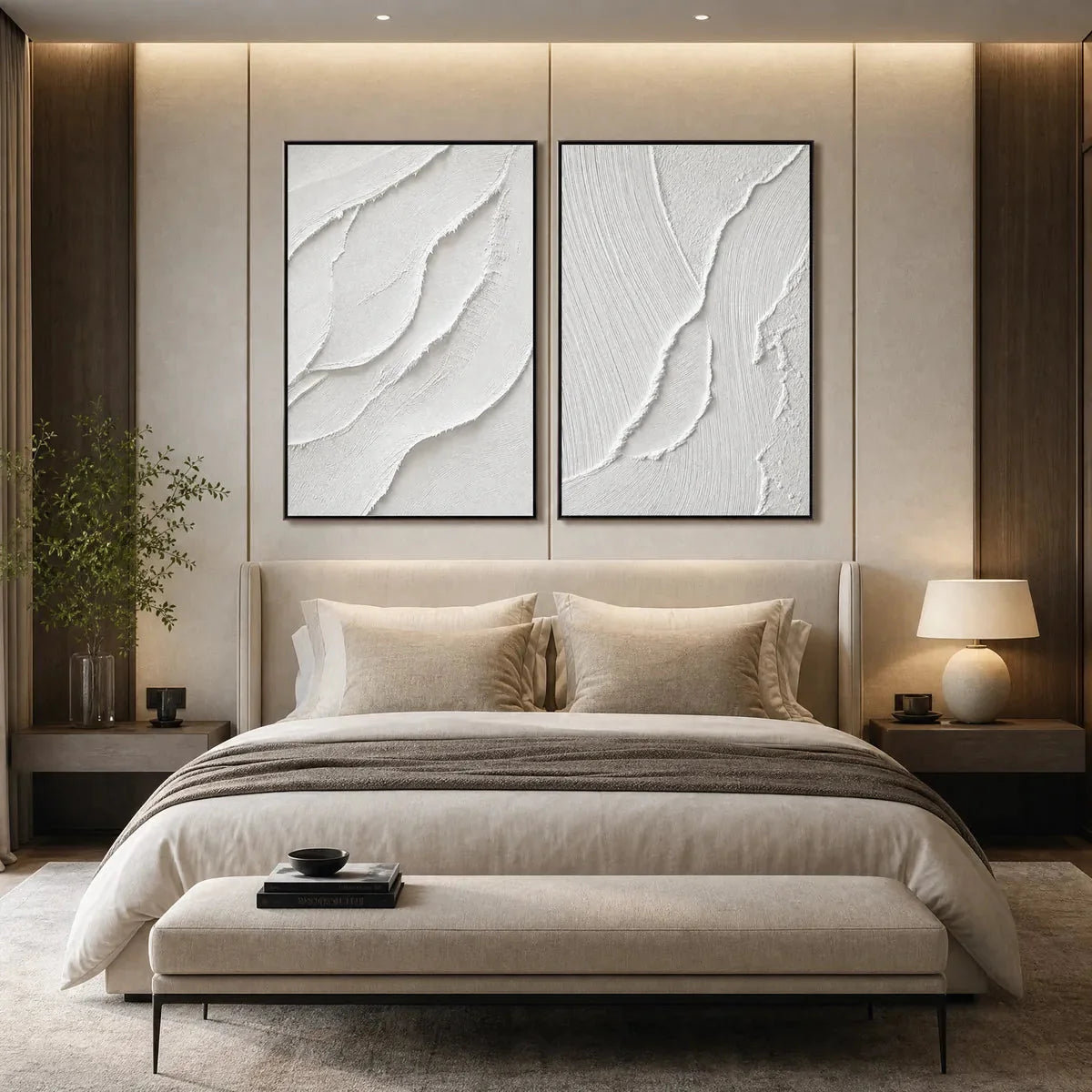 AEGEAN CALM: Minimalist White Textured Wabi Sabi Wall Art Set | gold frame stretched on neutral wall
