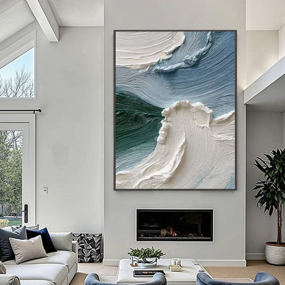 AEGEAN CREST: Heavily Textured Wabi Sabi Abstract Seascape Painting | gold frame stretched on neutral wall