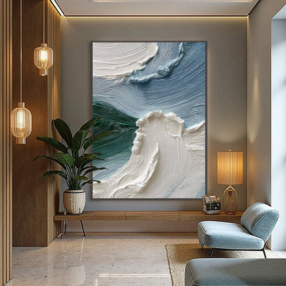 AEGEAN CREST: Heavily Textured Wabi Sabi Abstract Seascape Painting | black frame version on white wall