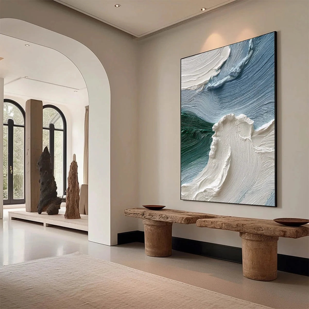AEGEAN CREST: Heavily Textured Wabi Sabi Abstract Seascape Painting | wabi sabi mood, soft natural light studio shot