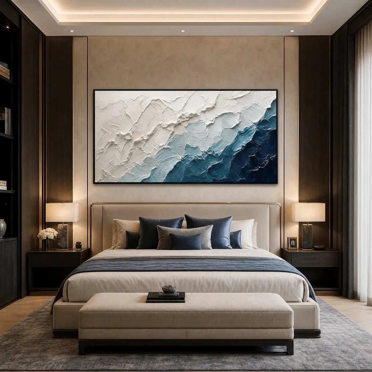 AEGEAN CREST: Textured Abstract Seascape Painting in Blue and White | gold frame stretched on neutral wall