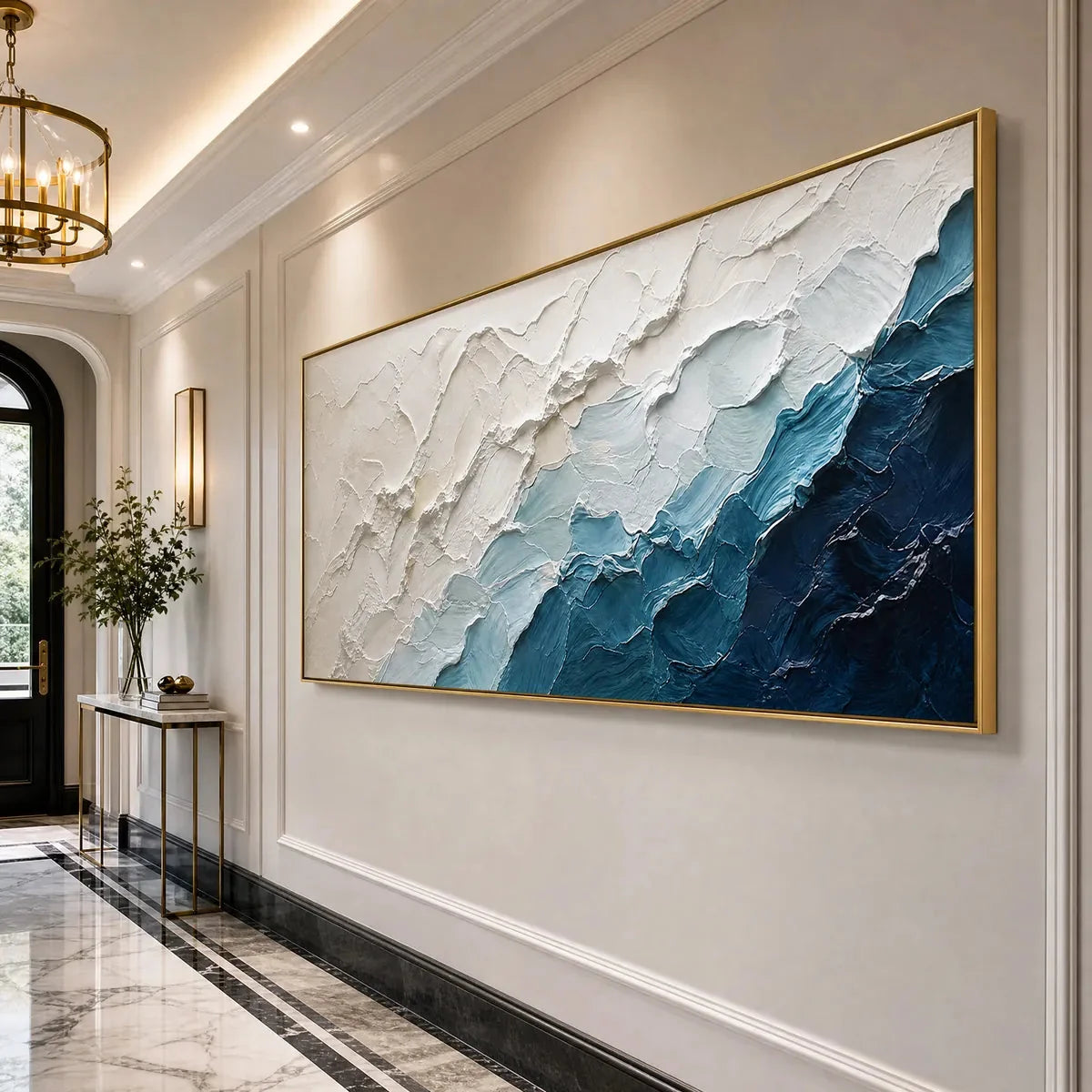 AEGEAN CREST: Textured Abstract Seascape Painting in Blue and White | rolled canvas, ready for custom framing