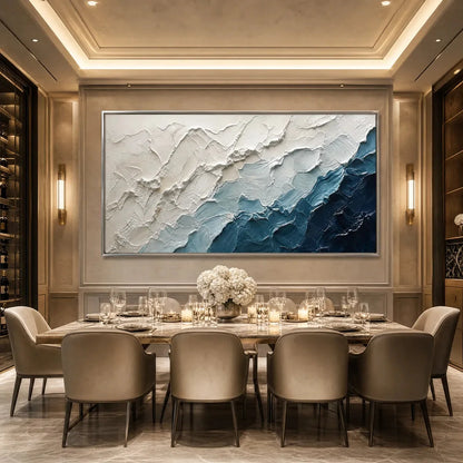 AEGEAN CREST: Textured Abstract Seascape Painting in Blue and White | black frame version on white wall
