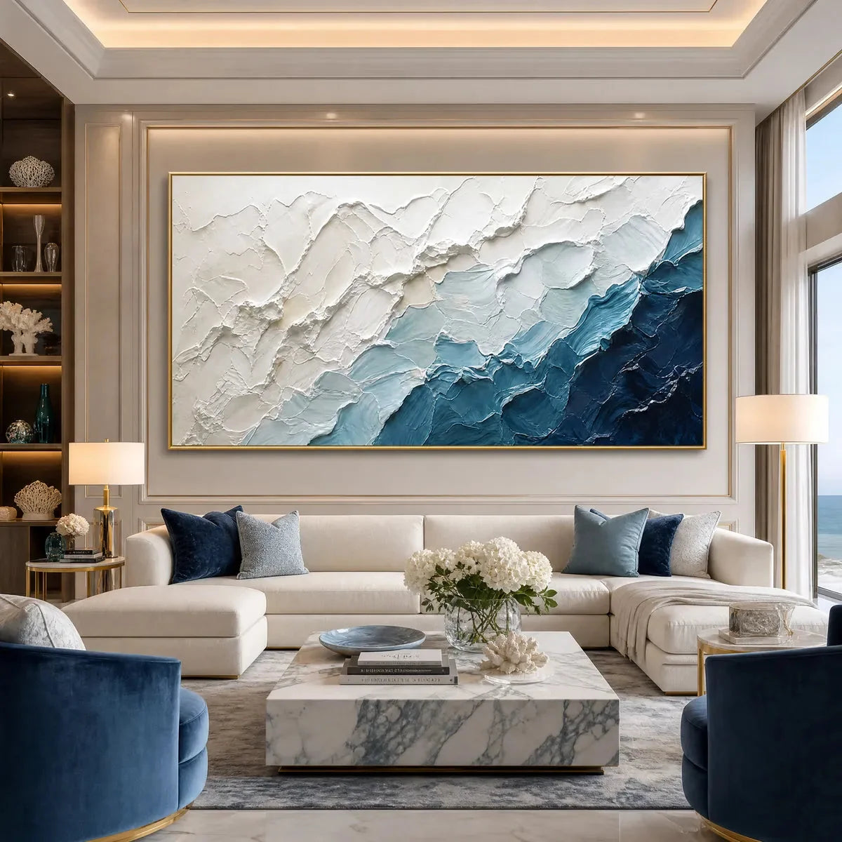 AEGEAN CREST: Textured Abstract Seascape Painting in Blue and White | textured mood, soft natural light studio shot