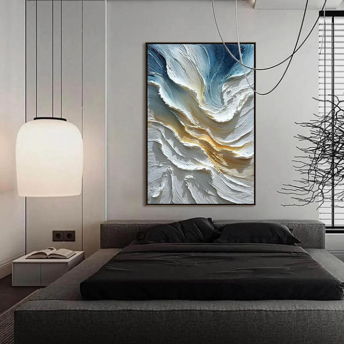 AEGEAN CREST: Textured Abstract Seascape Oil Painting | gold frame stretched on neutral wall