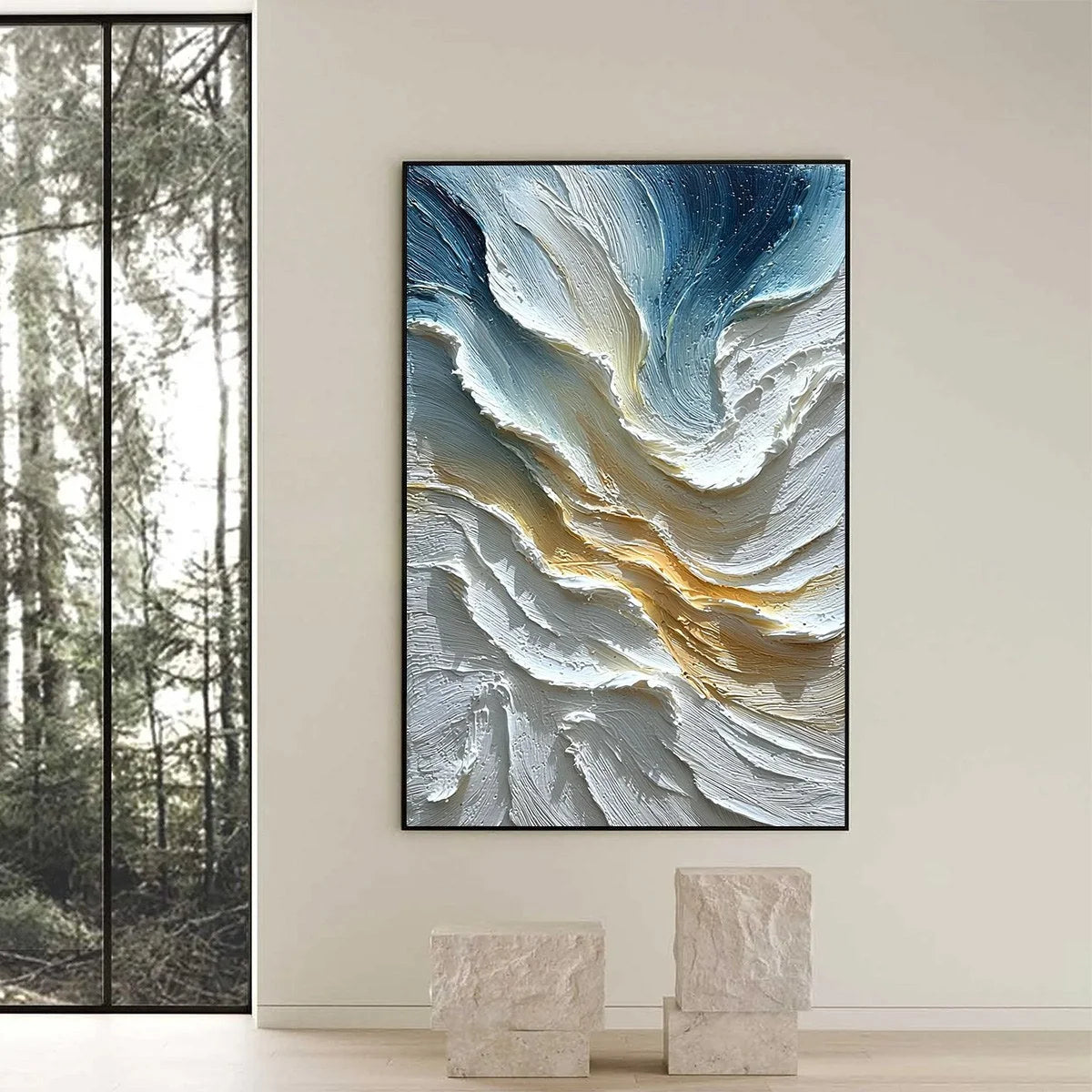 AEGEAN CREST: Textured Abstract Seascape Oil Painting | black frame version on white wall