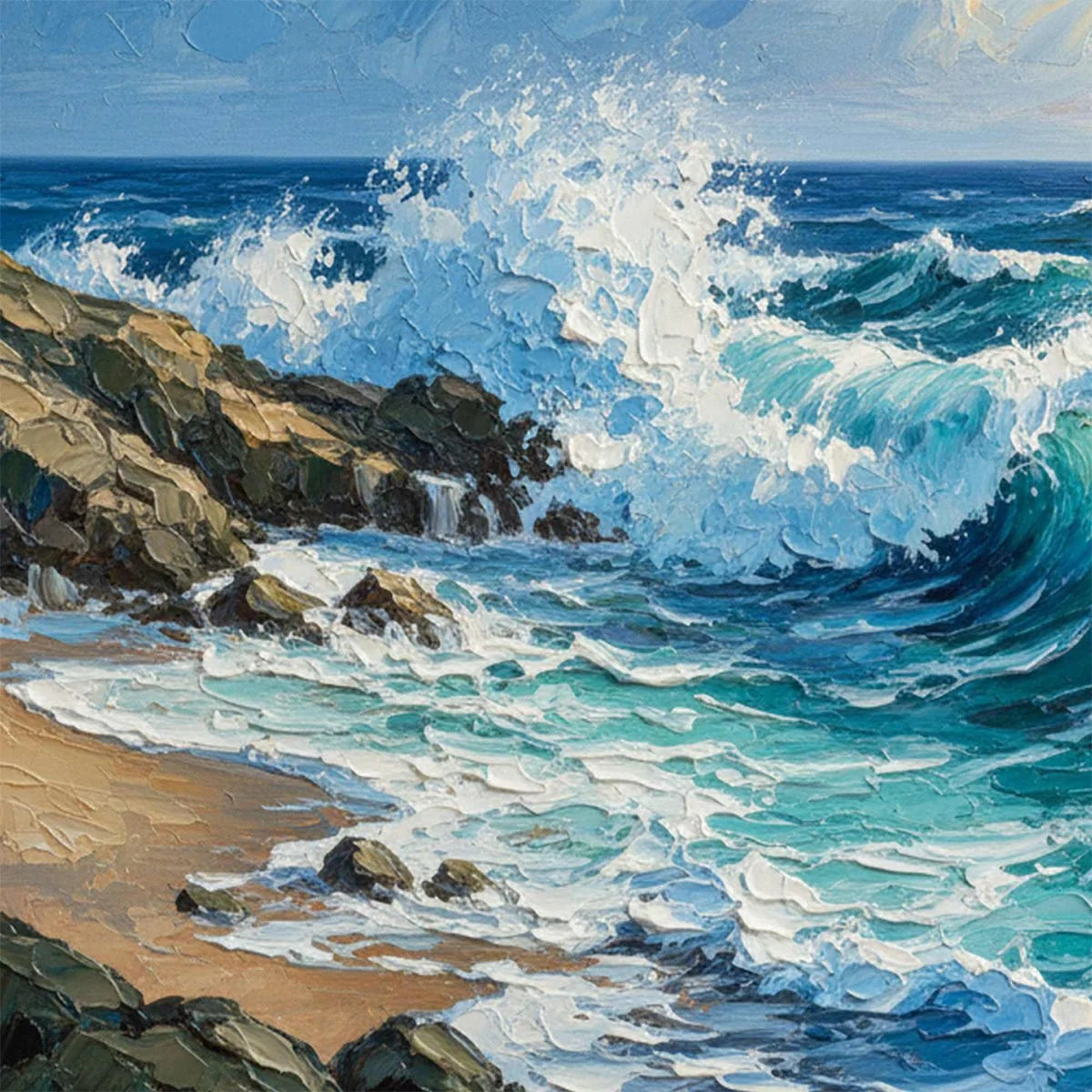 AEGEAN CREST: Textured Crashing Ocean Wave Oil Painting | rectangular format, hand-painted canvas edge