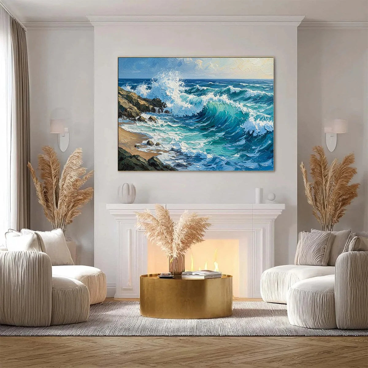 AEGEAN CREST: Textured Crashing Ocean Wave Oil Painting | gold frame stretched on neutral wall