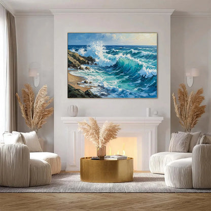 AEGEAN CREST: Textured Crashing Ocean Wave Oil Painting | gold frame stretched on neutral wall