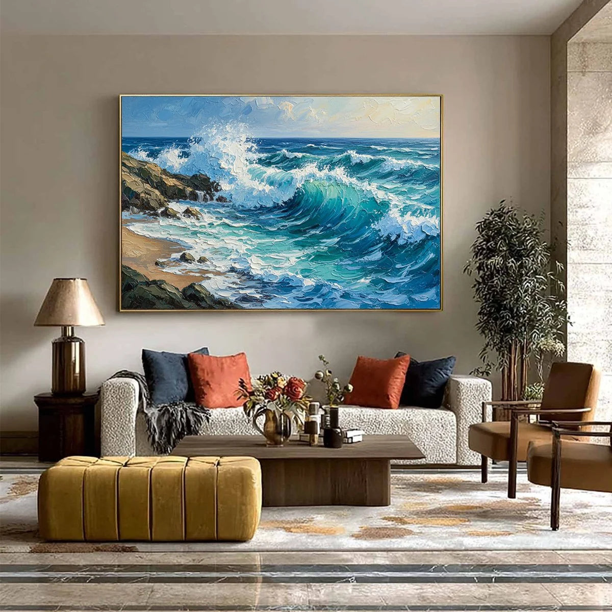 AEGEAN CREST: Textured Crashing Ocean Wave Oil Painting | black frame version on white wall