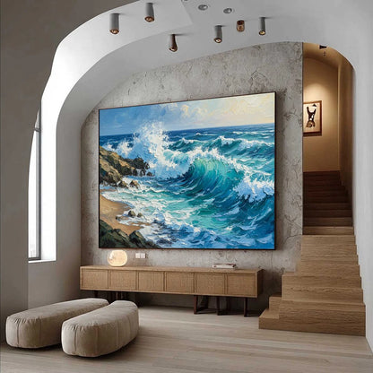 AEGEAN CREST: Textured Crashing Ocean Wave Oil Painting | textured mood, soft natural light studio shot