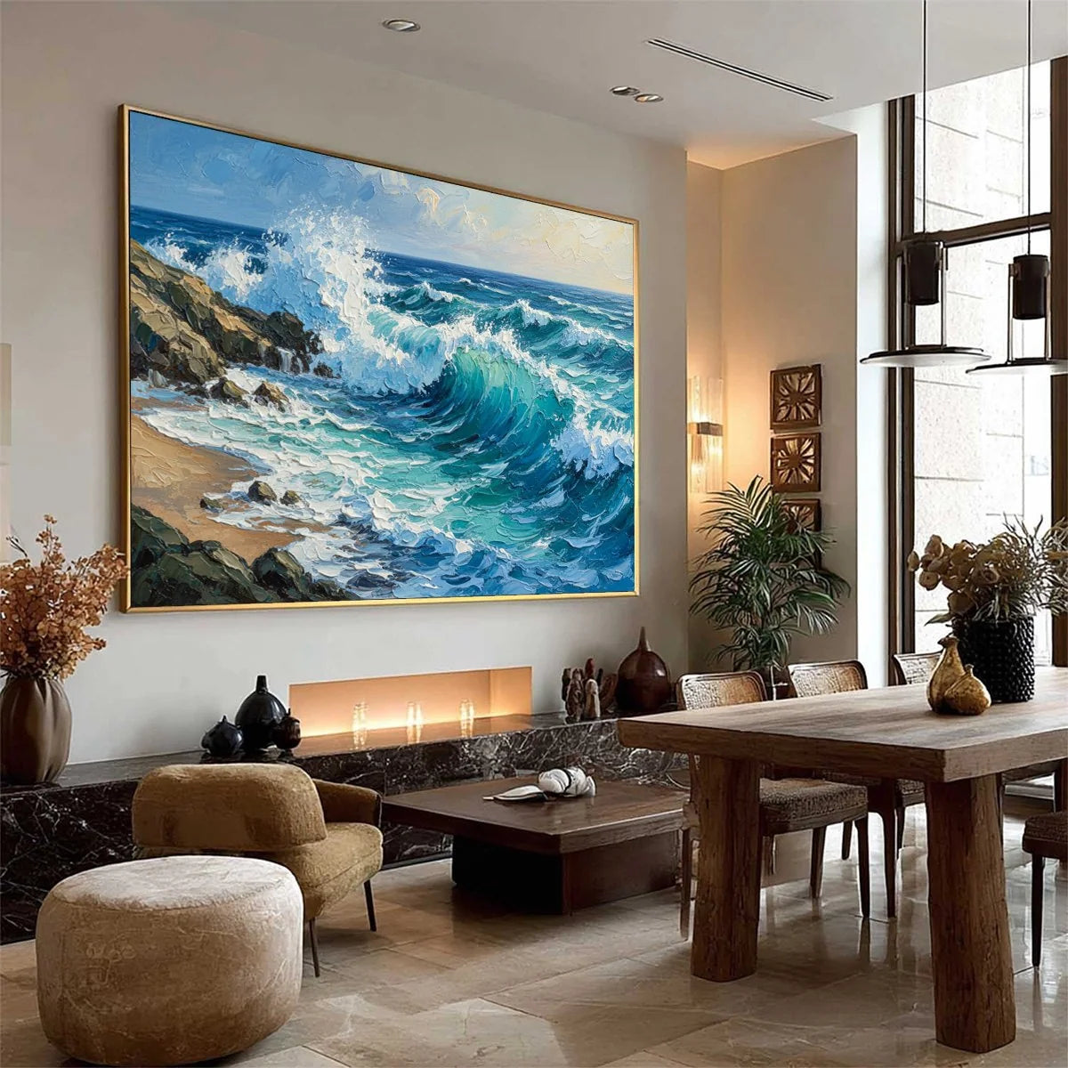 AEGEAN CREST: Textured Crashing Ocean Wave Oil Painting | blue palette, original dining room art