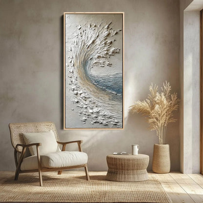 AEGEAN CREST: Vertical Textured Impasto Ocean Wave Painting | impasto closeup, raised brushwork detail