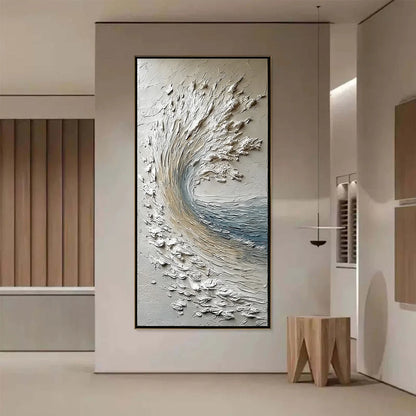 AEGEAN CREST: Vertical Textured Impasto Ocean Wave Painting | gold frame stretched on neutral wall