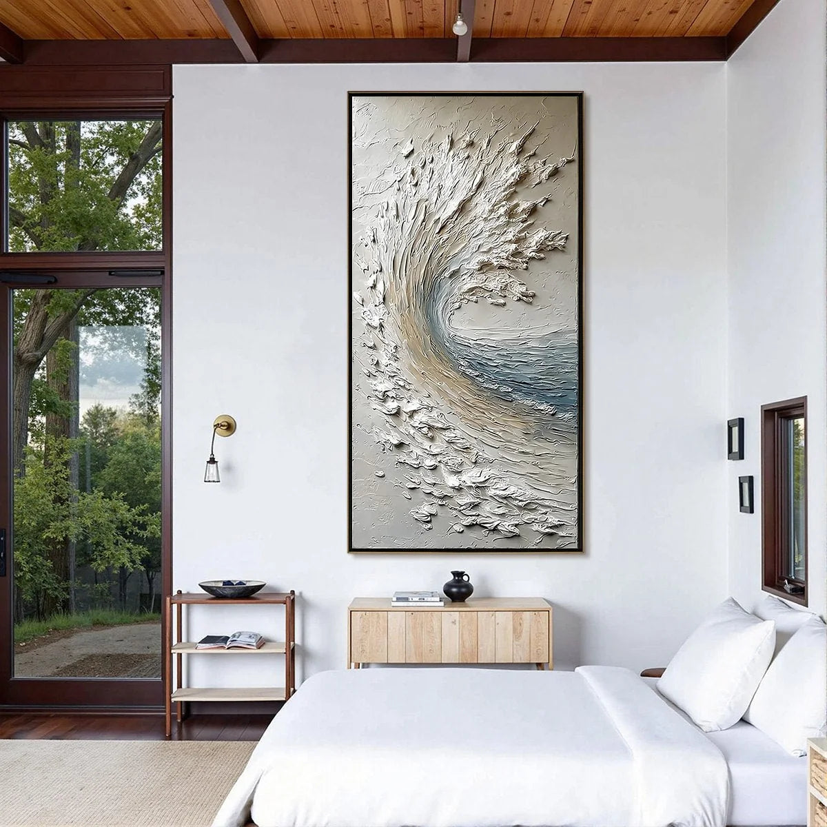 AEGEAN CREST: Vertical Textured Impasto Ocean Wave Painting | black frame version on white wall