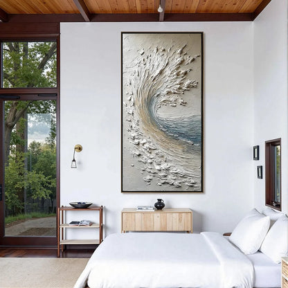 AEGEAN CREST: Vertical Textured Impasto Ocean Wave Painting | black frame version on white wall