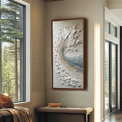 AEGEAN CREST: Vertical Textured Impasto Ocean Wave Painting | impasto mood, soft natural light studio shot