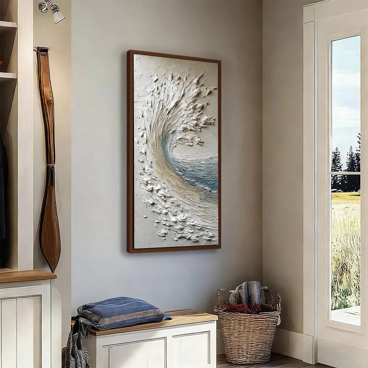 AEGEAN CREST: Vertical Textured Impasto Ocean Wave Painting | blue palette, original dining room art