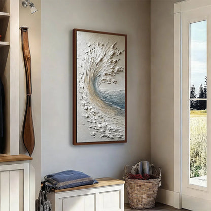 AEGEAN CREST: Vertical Textured Impasto Ocean Wave Painting | blue palette, original dining room art
