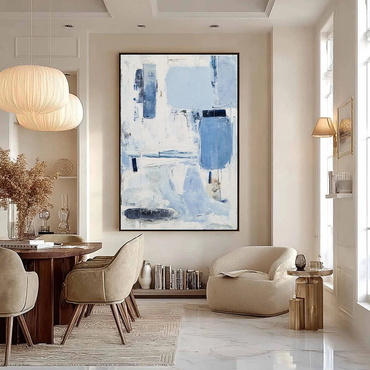 AEGEAN DECONSTRUCT: Textured Blue and White Abstract Painting | gold frame stretched on neutral wall