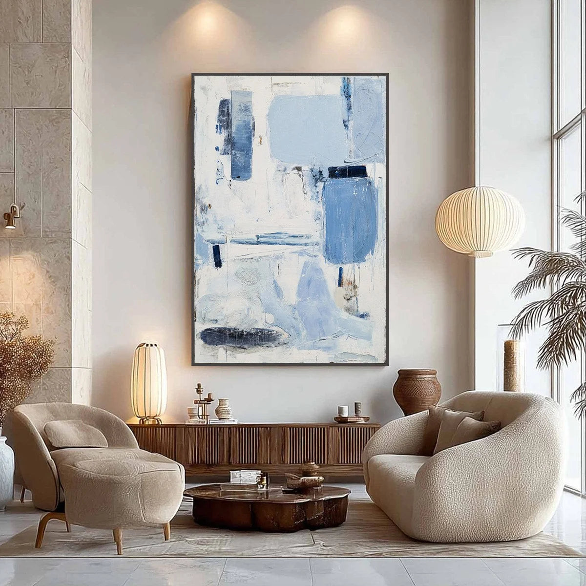AEGEAN DECONSTRUCT: Textured Blue and White Abstract Painting | black frame version on white wall
