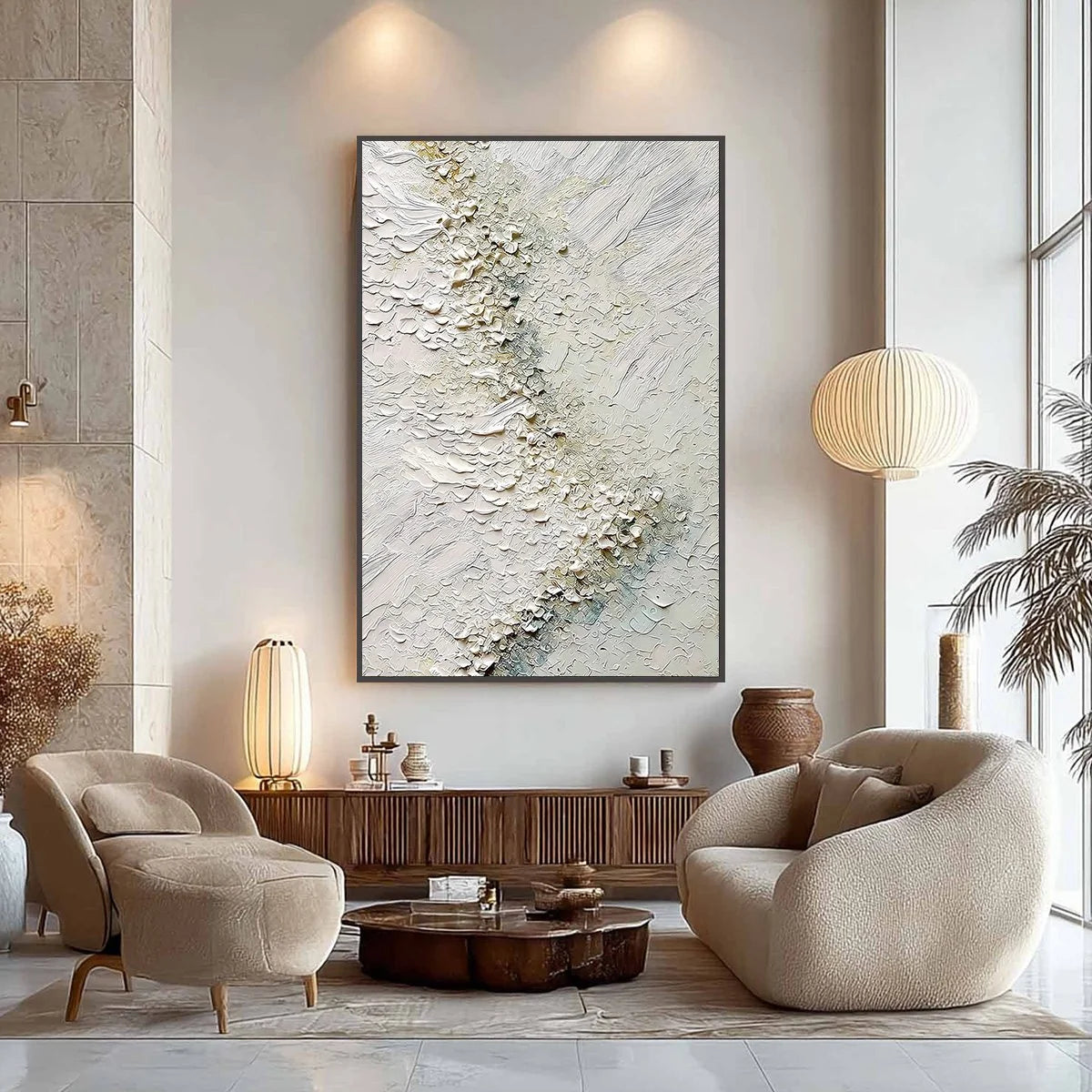 AEGEAN FOAM: Heavily Textured Wabi Sabi Abstract Painting | gold frame stretched on neutral wall