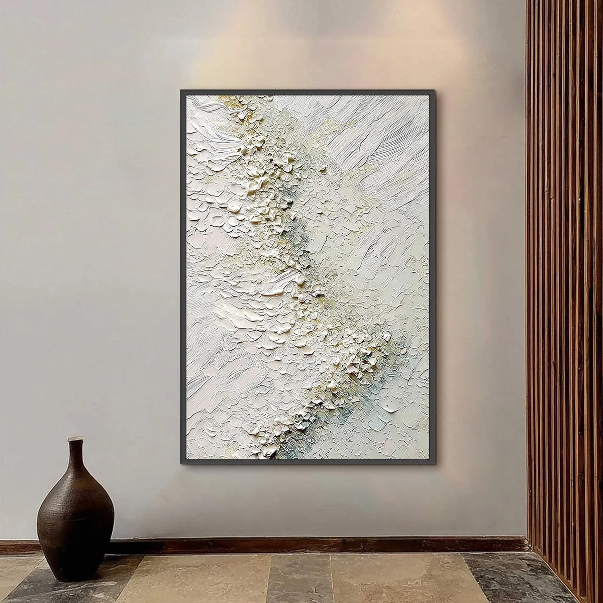 AEGEAN FOAM: Heavily Textured Wabi Sabi Abstract Painting | black frame version on white wall