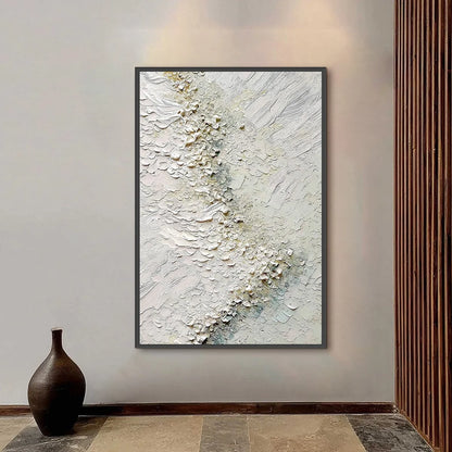 AEGEAN FOAM: Heavily Textured Wabi Sabi Abstract Painting | black frame version on white wall