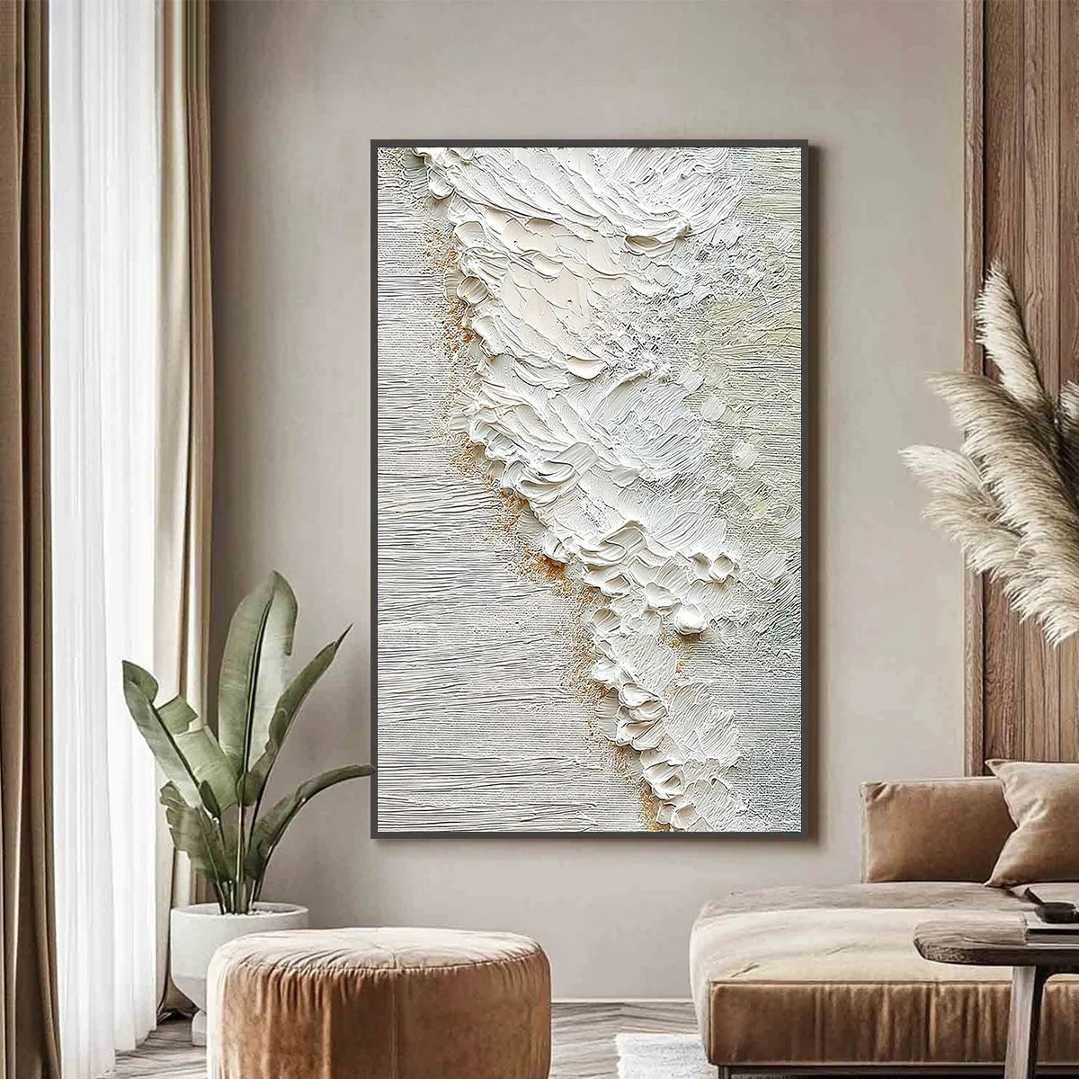 AEGEAN FOAM: Textured Wabi Sabi Abstract Ocean Art | gold frame stretched on neutral wall