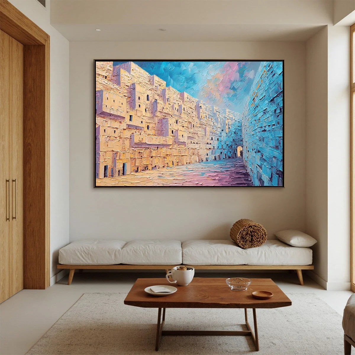 AEGEAN PASSAGE: Heavily Textured Palette Knife Cityscape Wall Art | palette knife closeup, raised brushwork detail