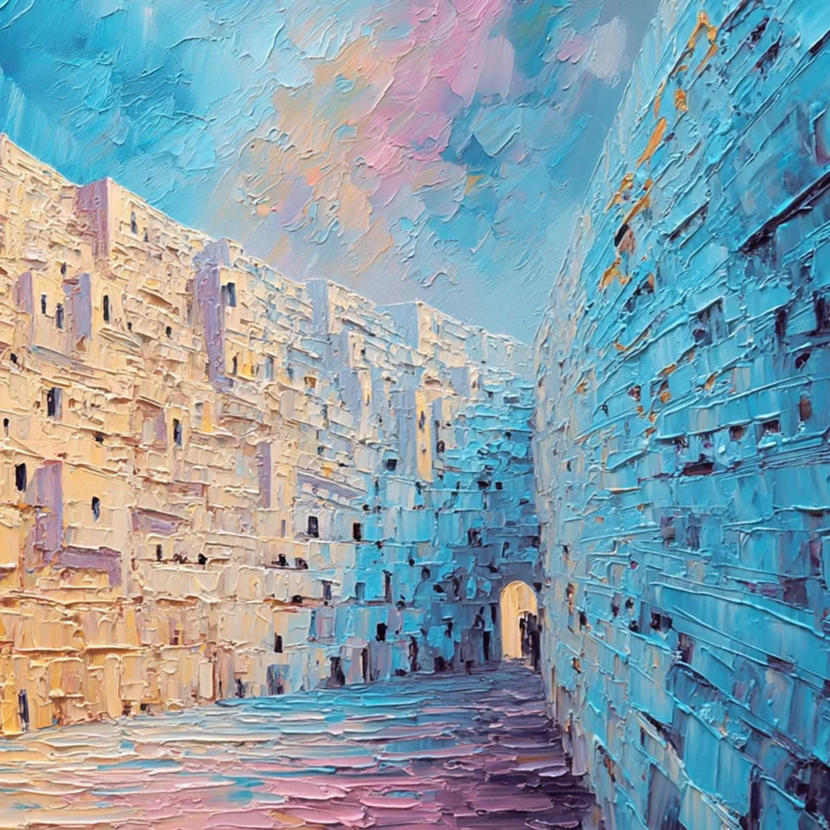AEGEAN PASSAGE: Heavily Textured Palette Knife Cityscape Wall Art | rectangular format, hand-painted canvas edge